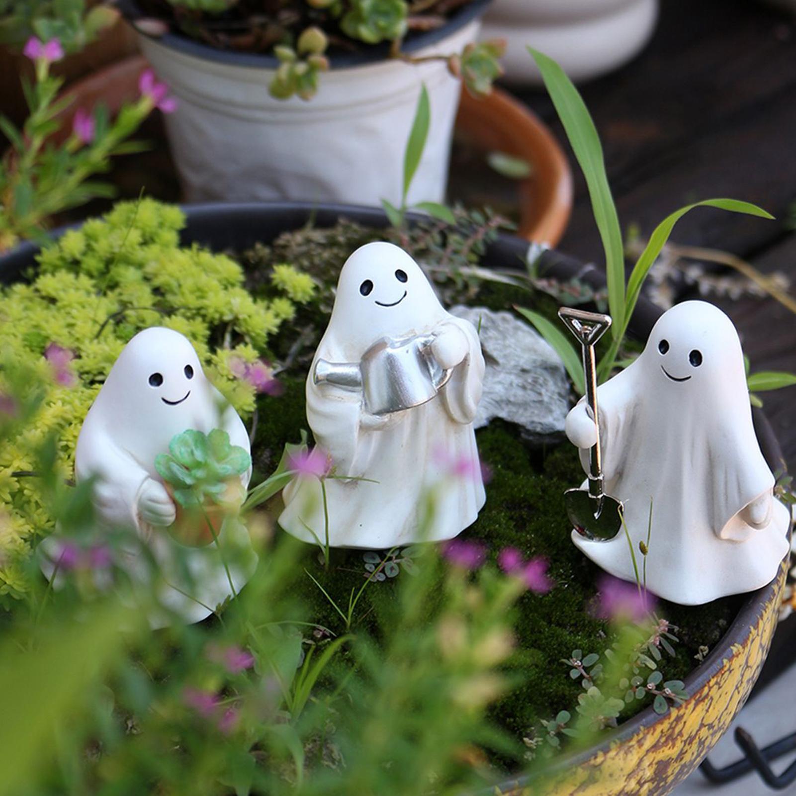 

3pcs Garden White Ghost Set Ornaments Halloween Decorations Resin Horror Cute Ghost Sculptures For Indoor Outdoor Garden Yard CN