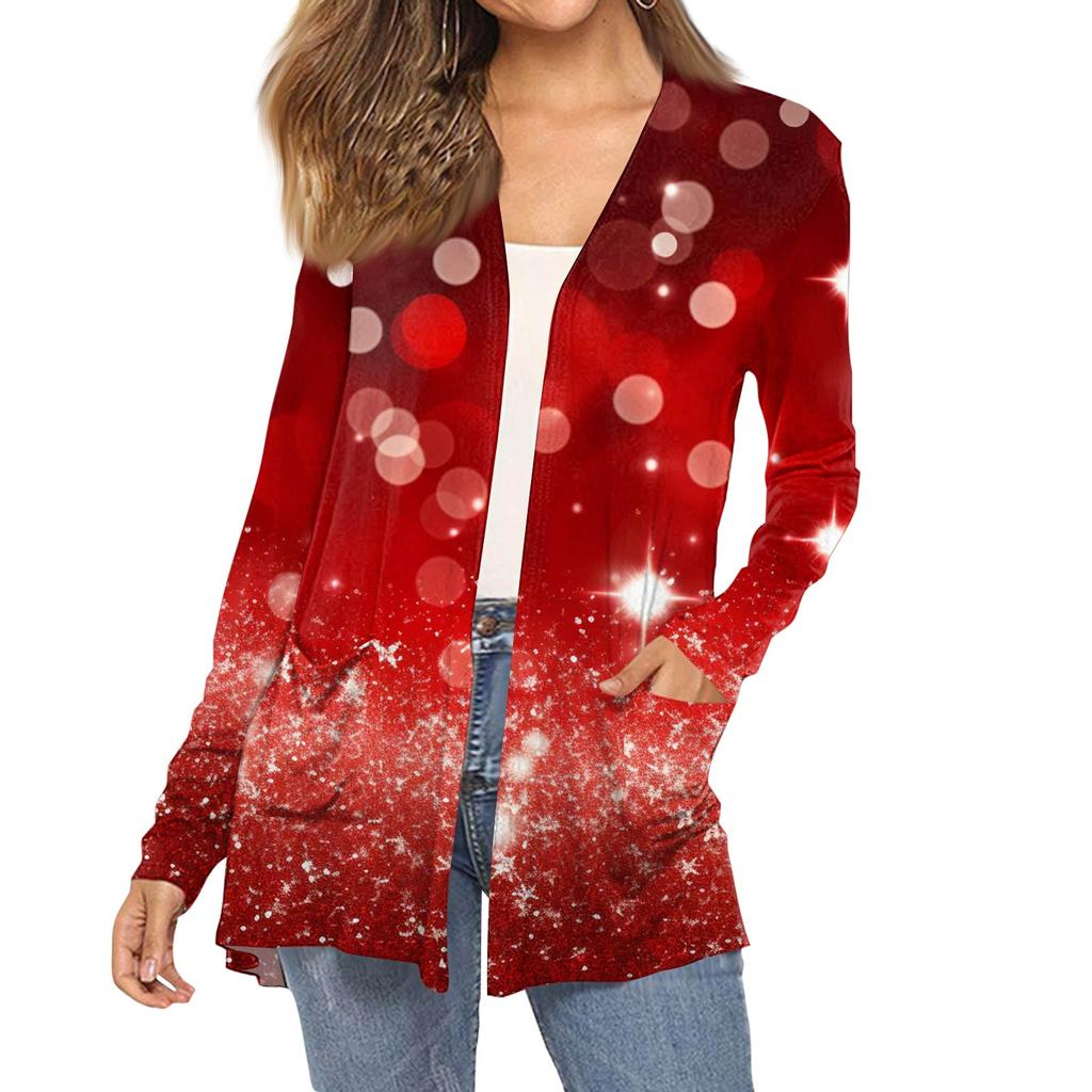 Women's Fashion Christmas Print Long-Sleeved Pocketed Slim-Fit Cardigan Coat