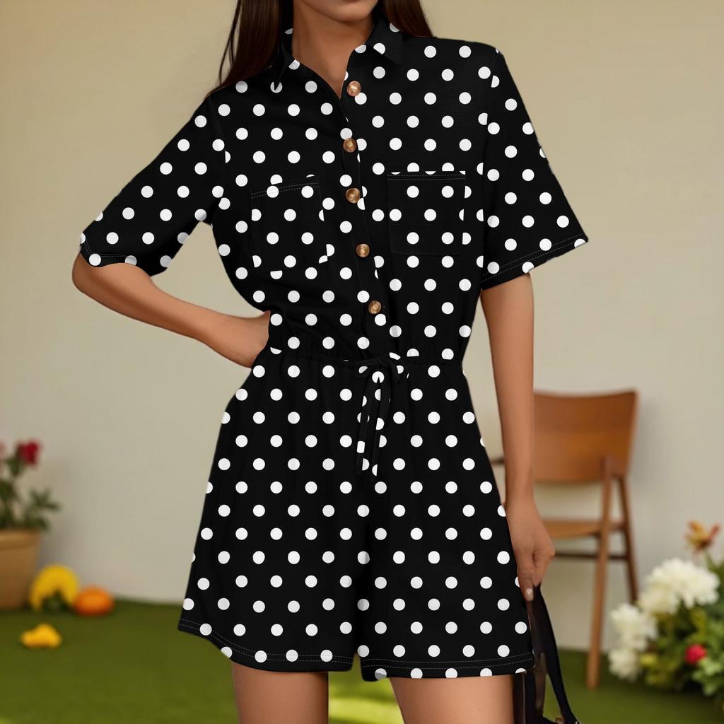 Women's Fashion V-neck Jumpsuit Plaid Casual Short Sleeve Top Jumpsuit