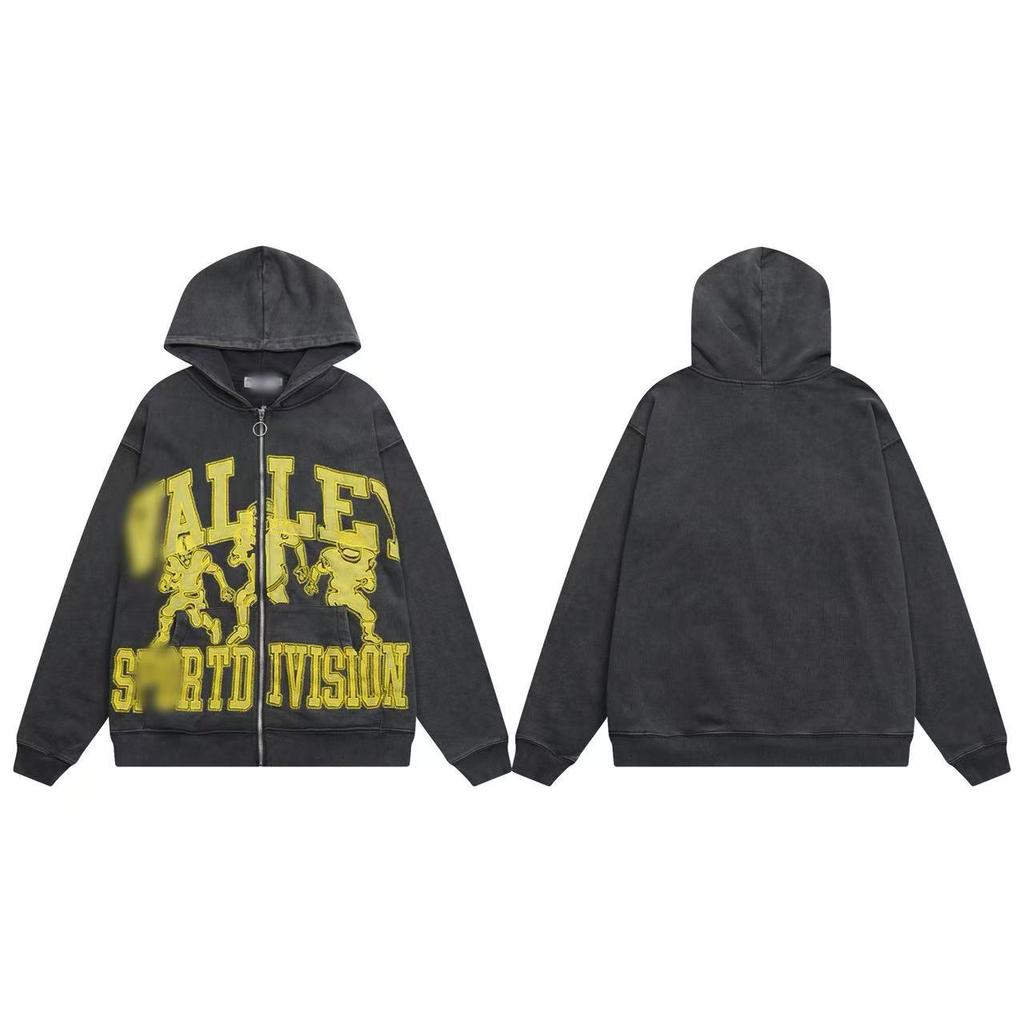 25SS high quality VAL beauty high street retro washing water old white ink direct injection hoodie men and women the same sweater