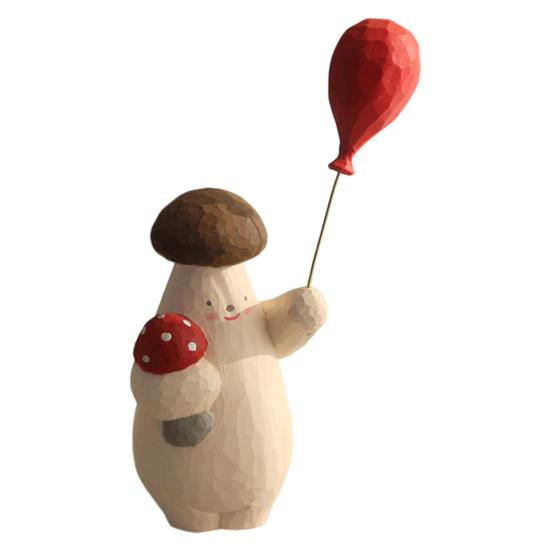 Wooden Mushroom Figurine Hand-Carved Mushroom Elf Holding A Balloon Rustic