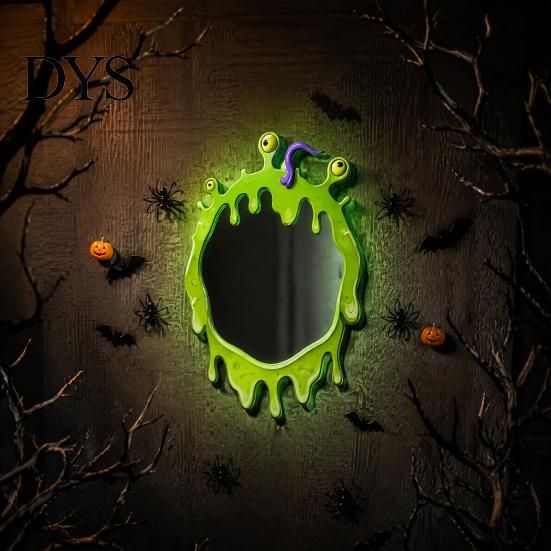Halloween Wall Mirror Wooden Decorative Mirror, Pumpkin Ghost Bat Witch Cartoon Lightweight Decor, Fun for Entryway Party, Festive Home Ornament