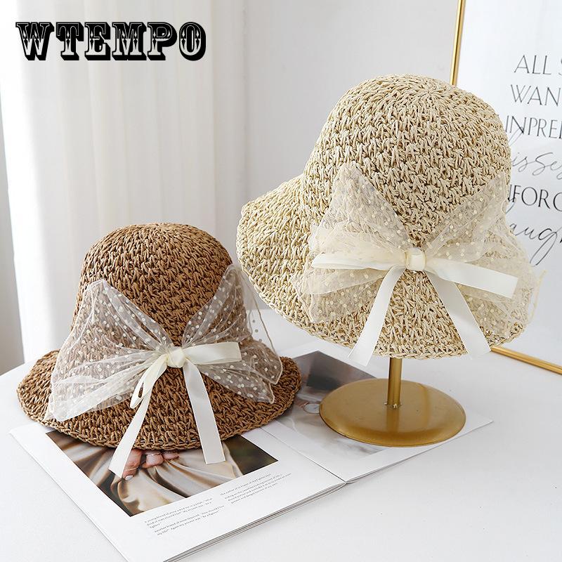 Lace Bow Straw Hat Summer Women's Beach Vacation Sun Hat Foldable Sunshade Sunscreen Bucket Hat