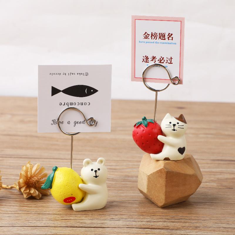 Creative Cute Cat Hugging Strawberry, White Bear Hugging Lemon Resin Message Holder, Desktop Decoration Photo Holder Note Holder