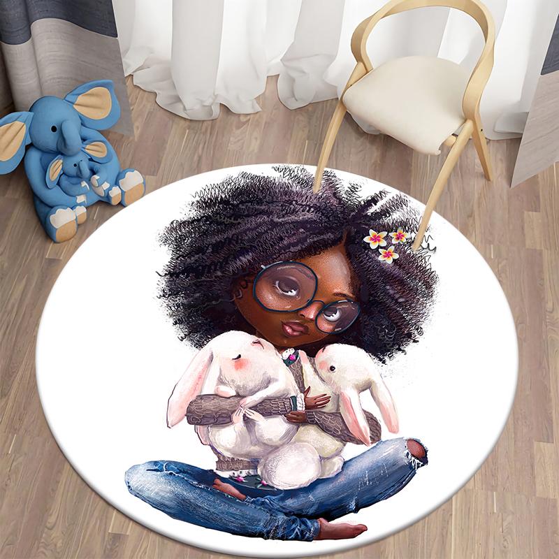 Floor Mat Animal Little Girl Cute Round Rug Mat Living Room Rug Children's Room Decoration Door Mat Pet Mat