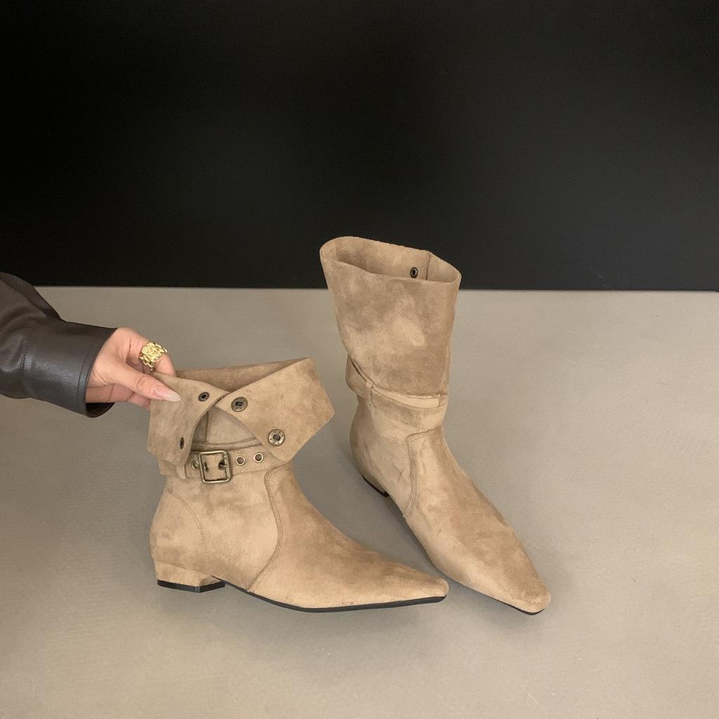 Vintage Pointed Thick Heel Skinny Boots Women's Season Two Wear Belt Buckle Martin Boots Western Boots Short Boots