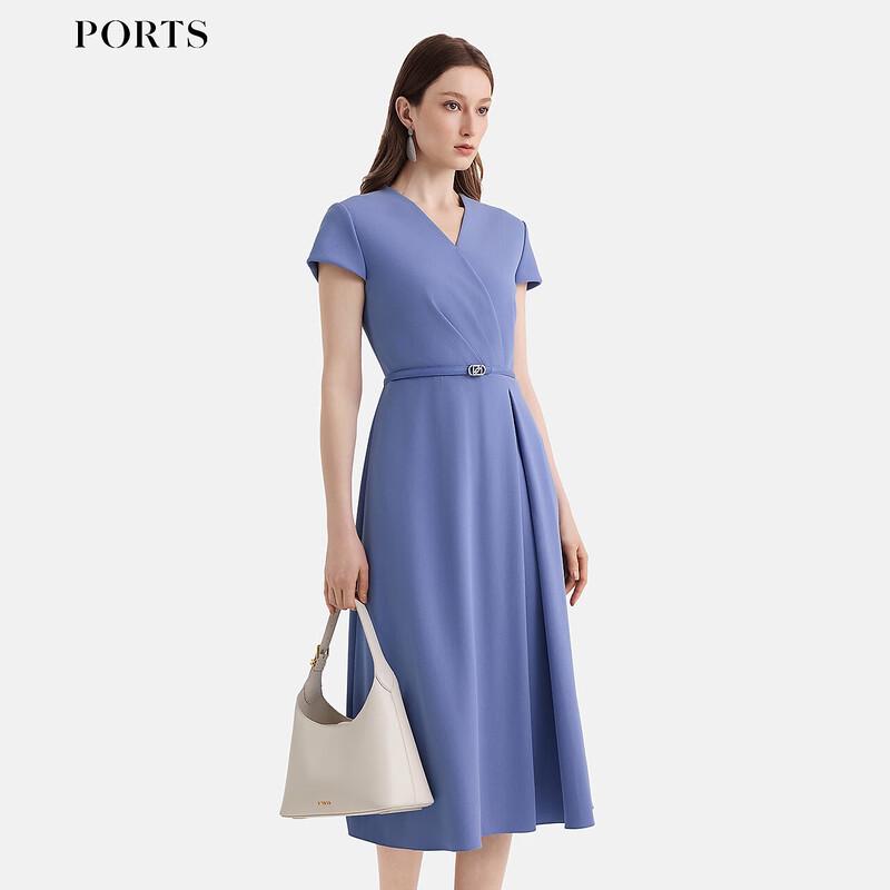 PORTS Women's 2025 S/S Sky Blue Pleated V-Neck Midi Dress