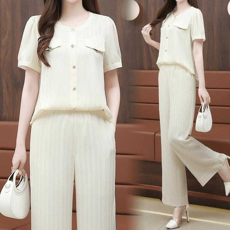 

2025 Summer Women s Casual Set: Short-Sleeve Top & Slimming Wide-Leg Pants XL Recommended for 115-130 lbs