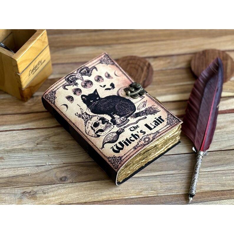 Leather Journal Spell Wizard Cat Book Blank Magik Notebook Book Of Shadows Wiccan Pagan Grimoire Book for Traveling Sketching Best Gift