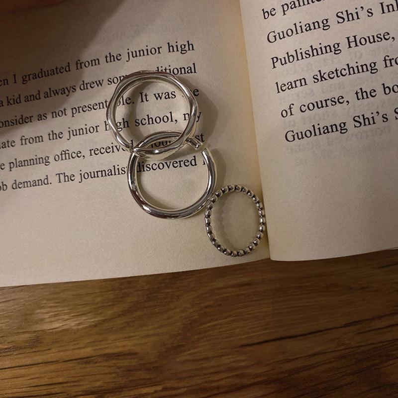 Vintage Korean Style S925 Silver Geometric Irregular Open Ring with Stackable Round Beads for Women