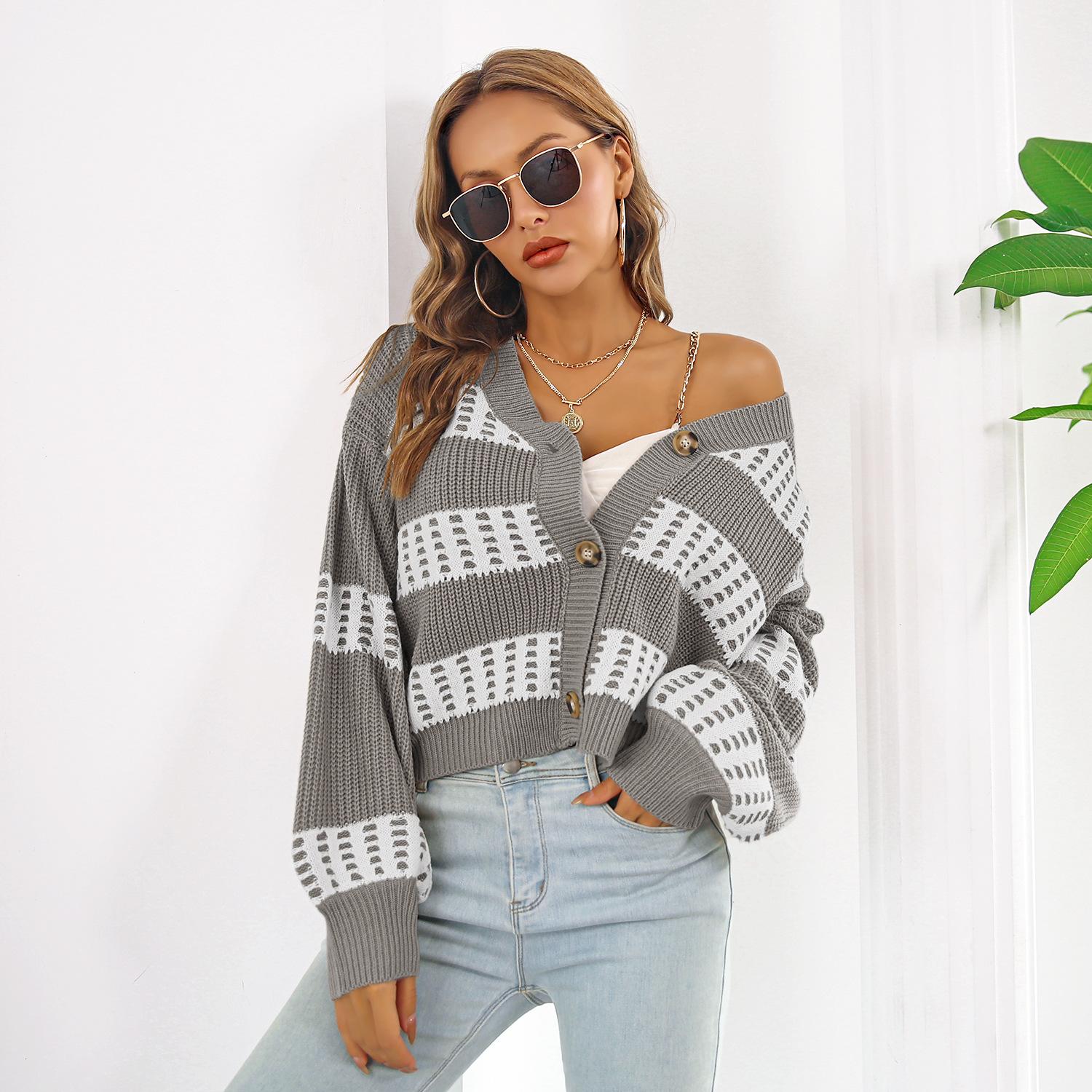 

QICED женские модные повседневные полосатые принты осень-зима с длинным рукавом с v-образным вырезом свободные свитера пальто L серый