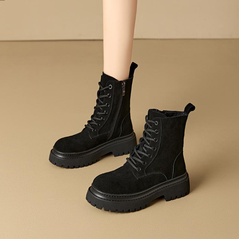 Martin Boots Women's 2025 Autumn New British Style Super Fire Velvet Short Boots Heightened Thick-soled Medium Tube Cowhide Single Boots Rhubarb