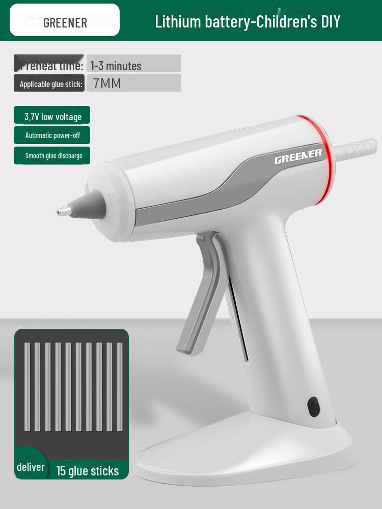 

Green Forest Wireless Hot Melt Glue Gun: Rechargeable, Lithium Battery, Ideal for DIY Crafts & Children s Projects Wireless, 10W, 15 high viscosity stick