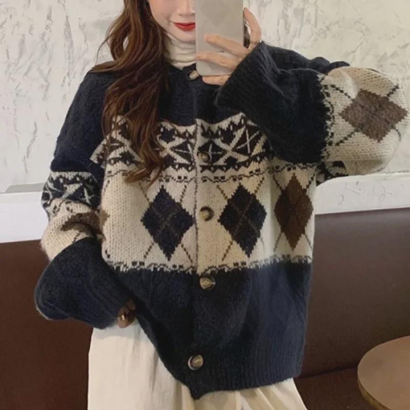 Women's Retro Jacquard Knit Cardigan - Autumn/Winter Loose Fit