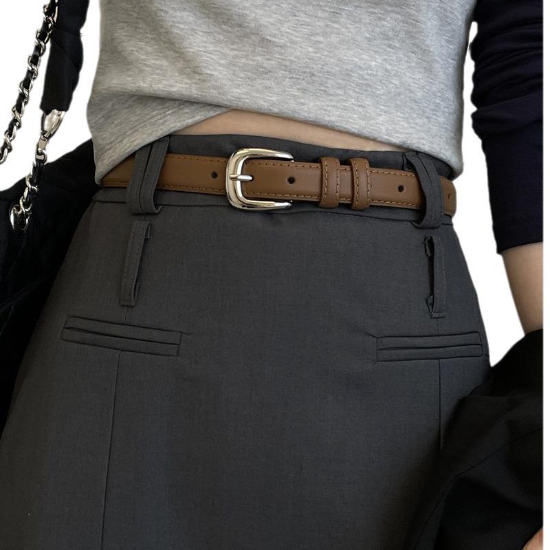 Women's Genuine Leather Belt with High-End Bright Silver Buckle, Korean Style for Youth - A Wardrobe Essential.