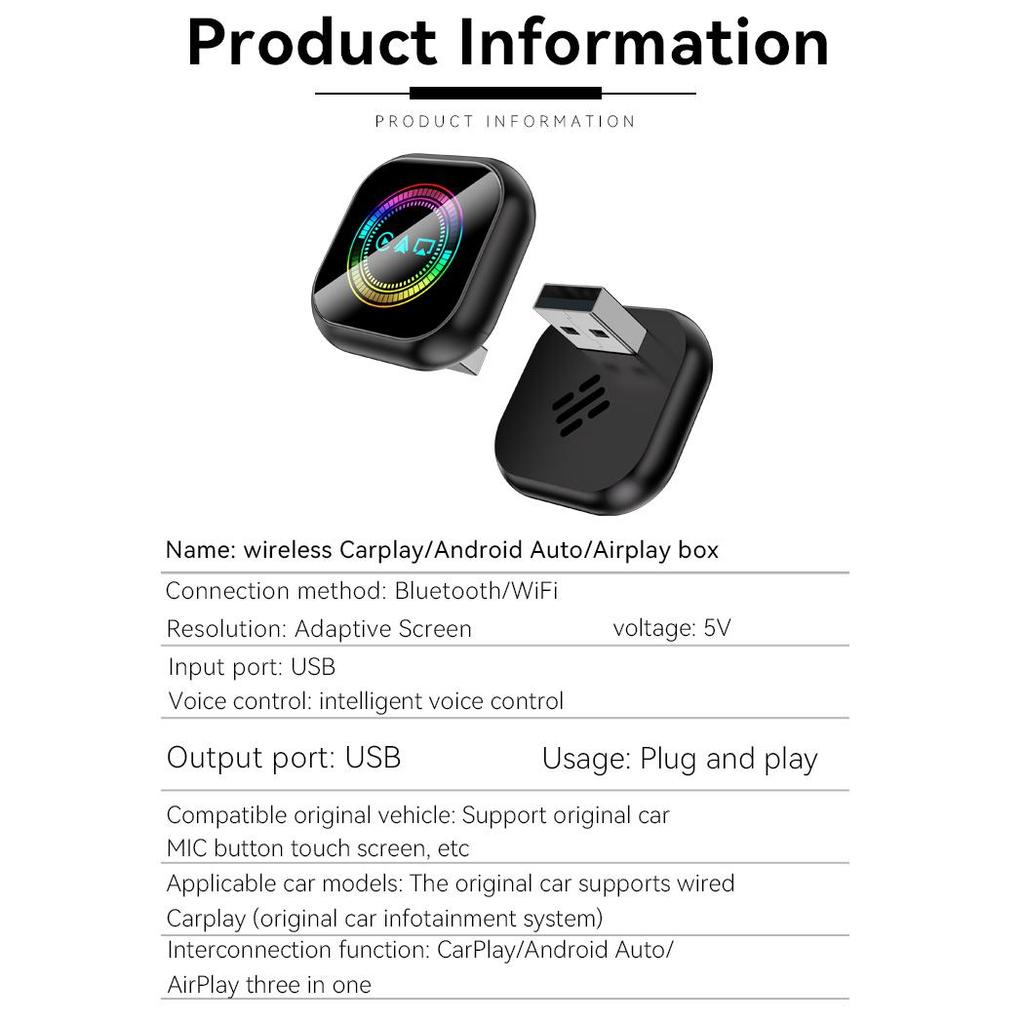 3-in-1 Kabelgebundener zu Drahtloser CarPlay-Adapter für Airplay Android Auto MirrorLink Bluetooth+ WLAN USB-Dongle Auto-KI-Box