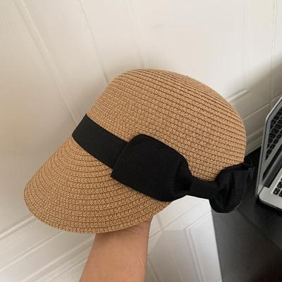 Summer Straw Hat For Women Outdoor Travel Beach Vacation Cap Vintage Bow Top Hat Girls French Flat Top Sun Visor Hats