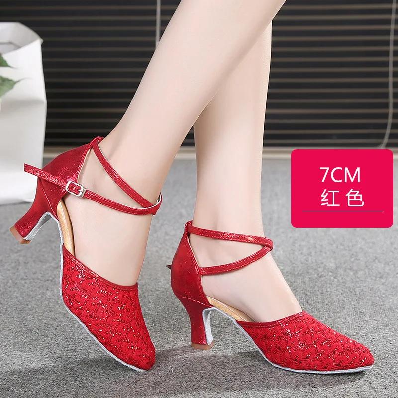 Módní moderní taneční boty pro ženy, boty na latinskoamerické tance se třpytivým síťovaným svrškem se sekviny, měkkou semišovou podrážkou a vysokými podpatky, černé boty