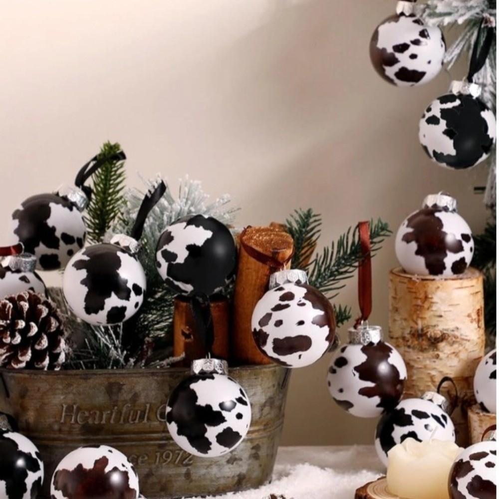 12/24Pcs Cow Print Ball Christmas Tree Ornaments 6CM Western Cowboy Christmas Ball Shatterproof DIY Xmas Tree Hangings Pendant
