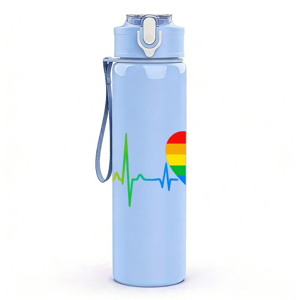 1PC Rainbow Heart Pulse Line 750ml Color Plastic Sports Water Bottle Leakproof Flip Straw Lid Suitable for Sports Office Home Use
