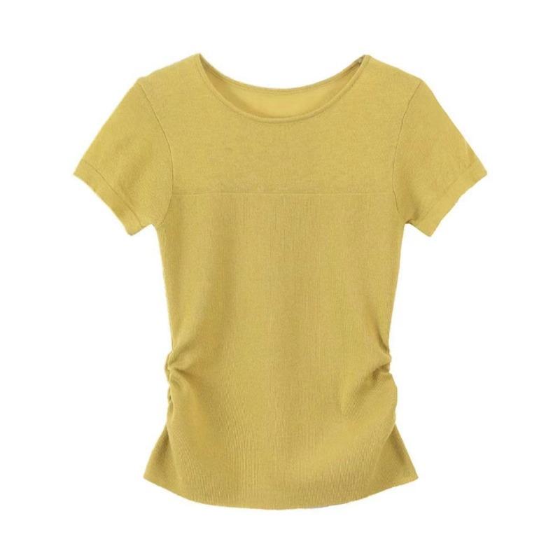 Korean Style Pure Waist-hugging and Pleated Thin Short-sleeved Knitted T-shirt In Summer Latest Slim Body