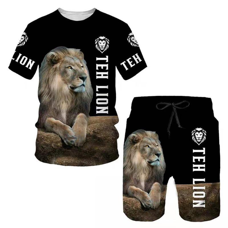 Summer Lion Animal Pattern Printed Men's Casual Comfortable Loose Short Sleeved Two-piece Sport Wear
