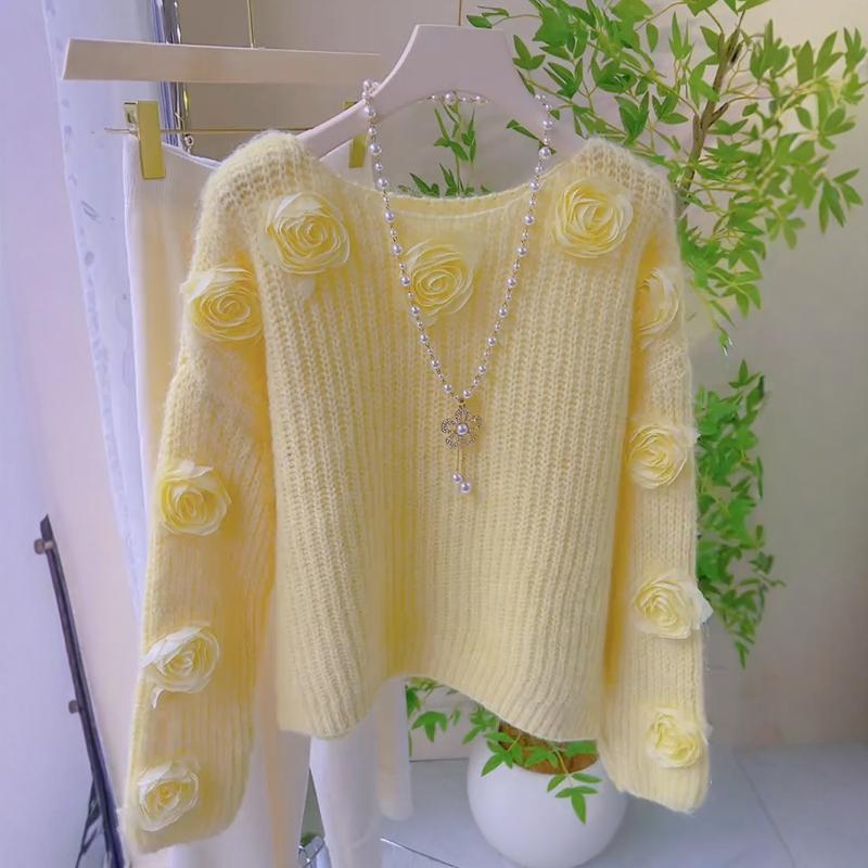

Осенний розовый вязаный свитер с цветочным узором для женщин, ленивый французский стиль, 3D камелия, свободная зимняя одежда XXL жёлтый