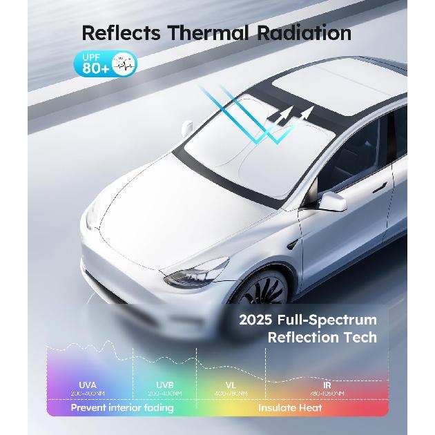 Wigoo 2025 Tesla New Model Y Accessories Windshield Sunshade [OEM Design, 100% Sun Blockage] Foldable Heat Ulation Sunshade With Storage Bag, For