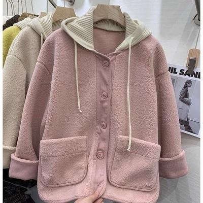 Women's Fashionable Knitted Hooded Jacket Autumn and Winter Button Long Sleeve Pocket Cardigan Fake Two-piece Top