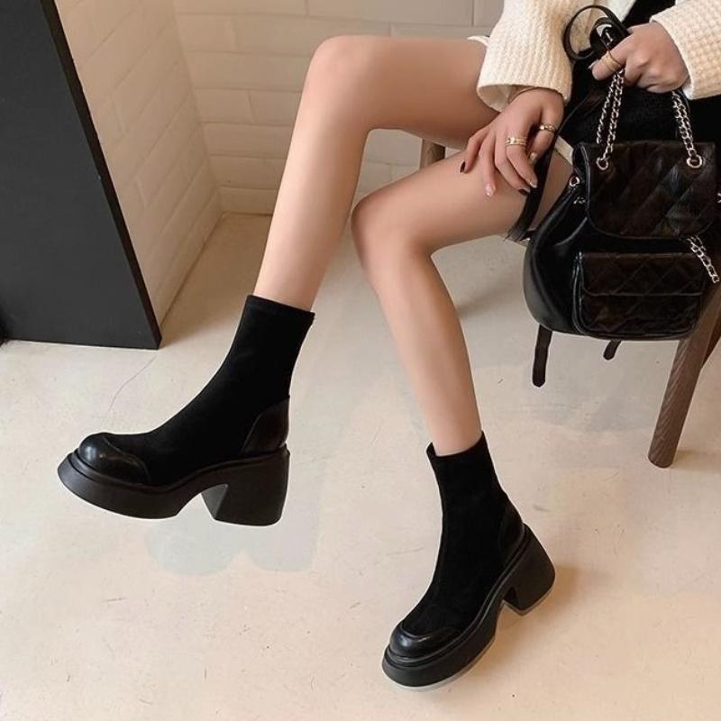 Fashion Black Women's Ankle Boots Chunky Heel Height Increasing Female Short Shoes Plain Hot Pu High Quality Y2k On Promotion 39 Booties