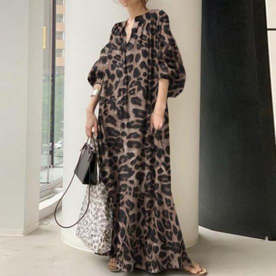 Lady Maxi Dress Leopard Print Stand Collar Oversized Half Sleeve Bohemian Style