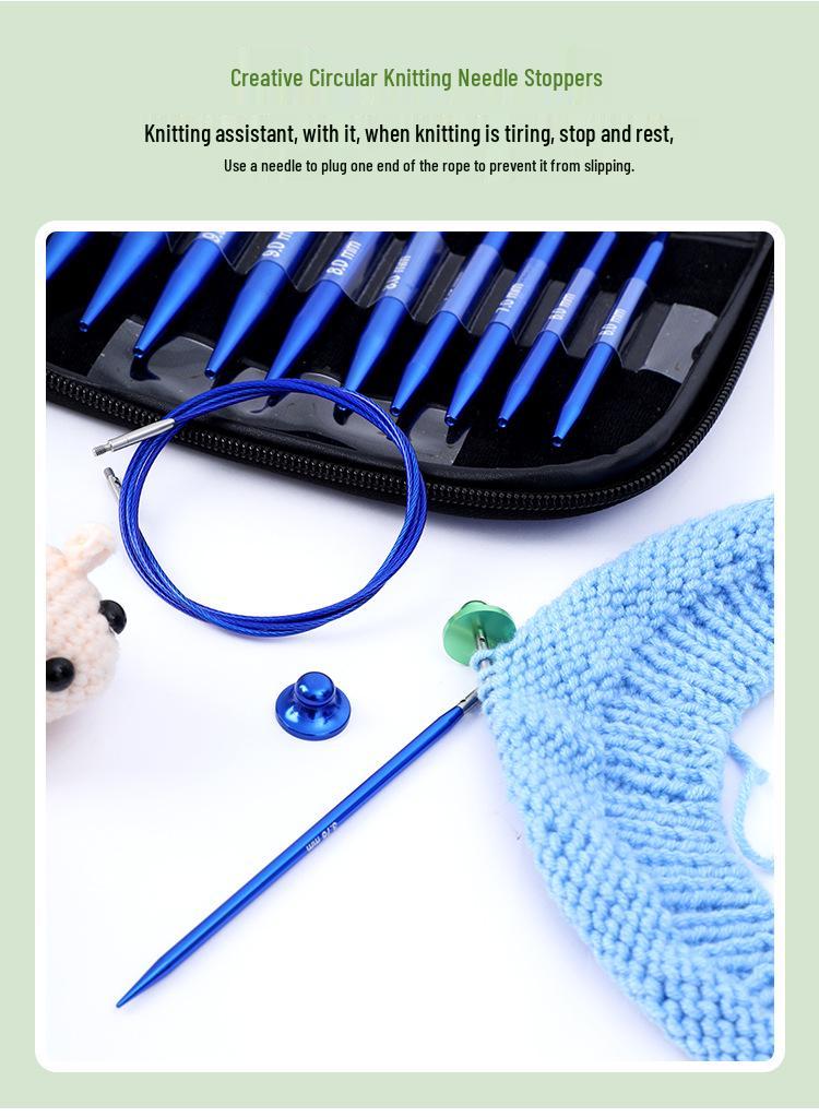 Blue Detachable Circular & Straight Knitting Needle Set with Replaceable Yarn Needles and Rope