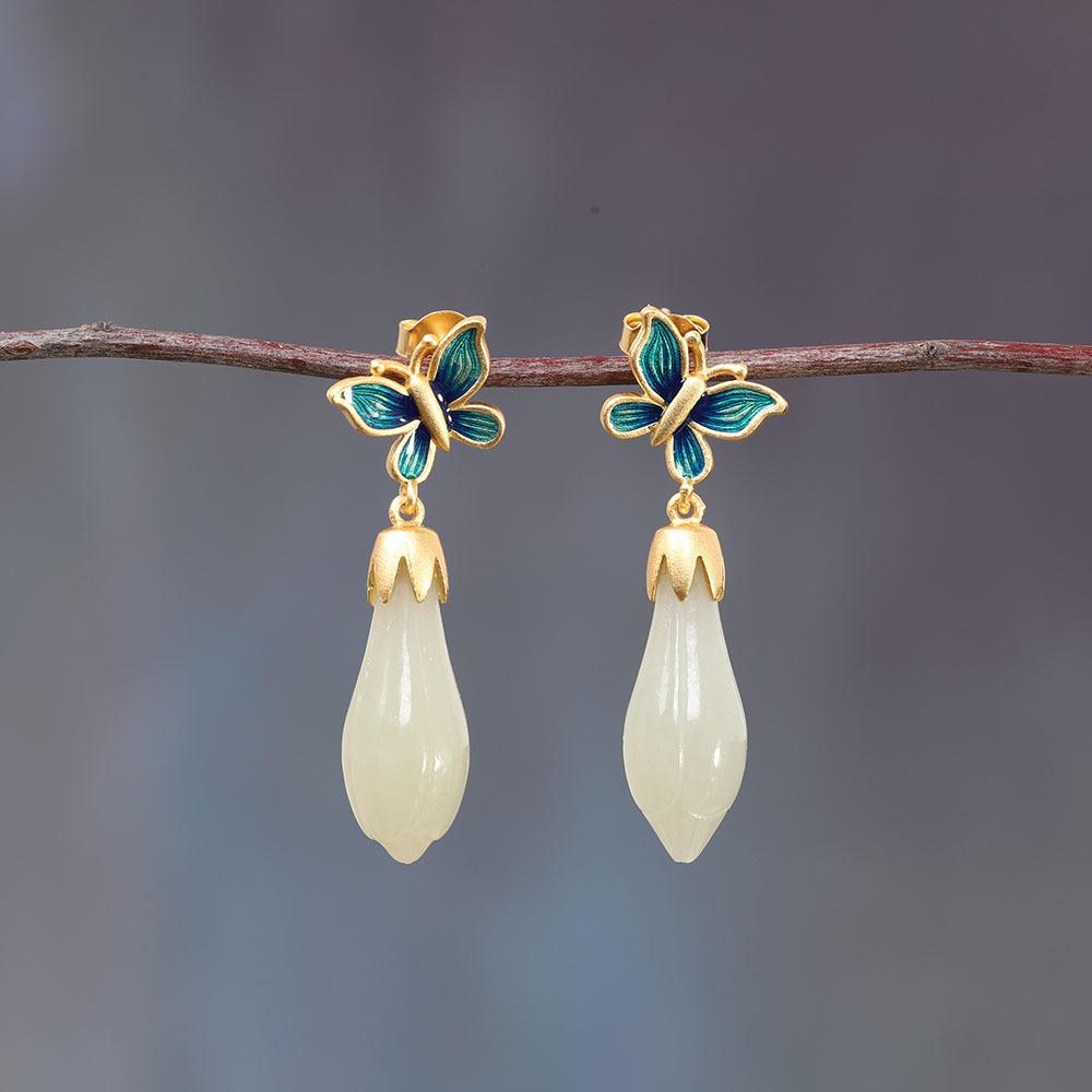 

Trend Fashion Oriental Classical Court Style Inlaid Hetian White Jade Earrings Light Luxury Design Gold-plated Color Small Butterfly 2026