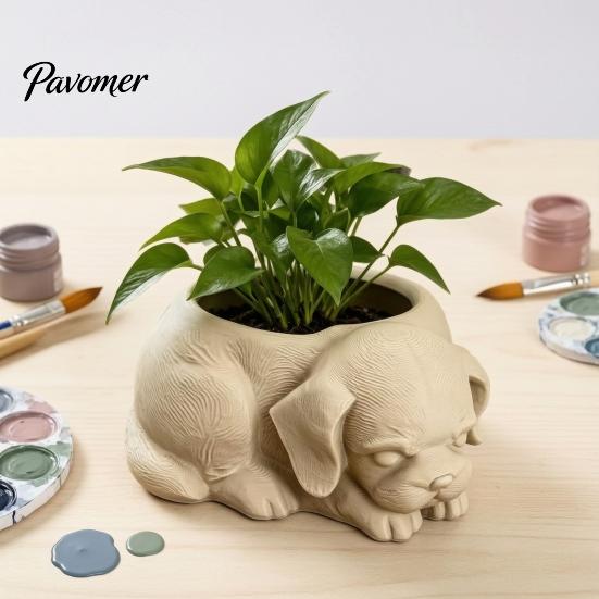 Artistic Puppy Ornament Pot Cute Planter, 3D Printed Decorative Plant Pot, Unique Handmade Painting Craft Dog Shaped Planter for Succulents