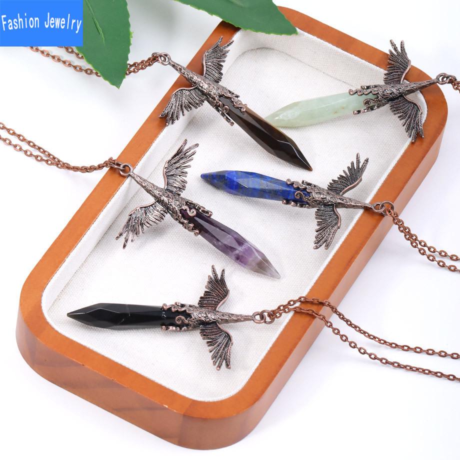 Natural crystal stone faceted hexagonal column retro winged pendant necklace European and American accessories