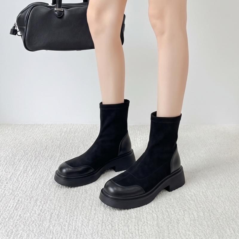 Splicing elastic socks boots women's thick-soled thick heel round head short boots autumn and winter thin soft leather splicing sleeve elastic boots