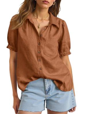 Women's Puff Short Sleeve Button Down Shirt Collared V Neck Linen Work Blouse