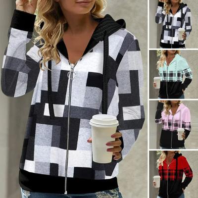 Jesienne damskie bluzy z kapturem Moda w kratę Wzór w kratę Zapinany na zamek sweter rozpinany Kurtka Regularny krój Długie rękawy Casual Płaszcz z kapturem Wiosna Jesień Odzież damska