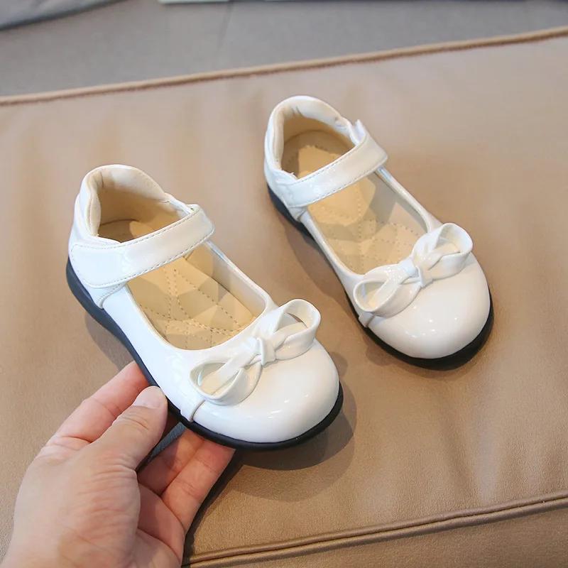 2024 New Kids Leather Shoes Black Uniform School Shoes Bow-knot Shallow Mary Janes Glossy Children Fashion Girls Casual Flats