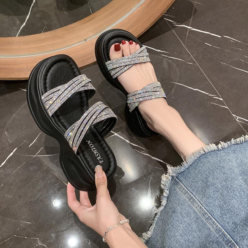 2025 New Fairy Rhinestone Word with Cool Slippers Waterproof Table High Heel Slippers Female Summer Wear Cool Slippers