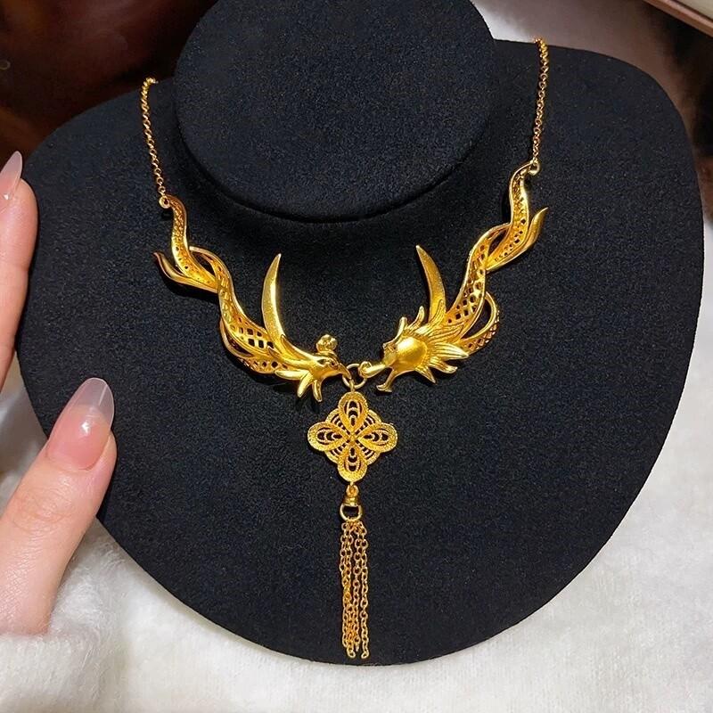 Vintage Dragon Phoenix Gold Plated Necklace Set Wedding Jewelry For Women