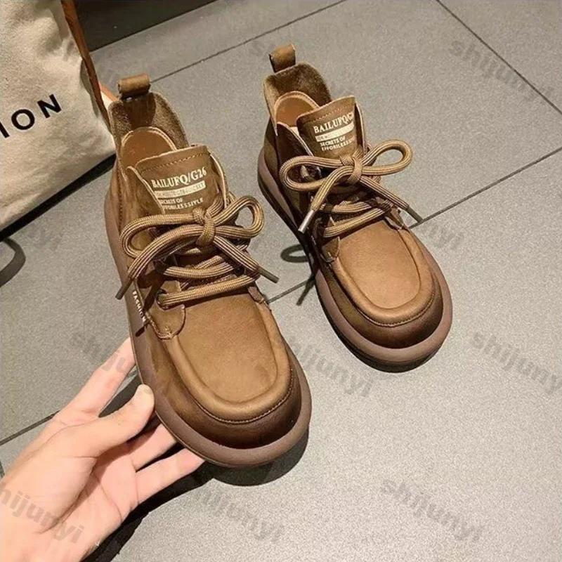 Fashion Womens Vintage Ankle Boots Brown Faux Suede Lace Up Flat Booties Woman Autumn New Fashion Solid Color Casual Short Botas Mujer