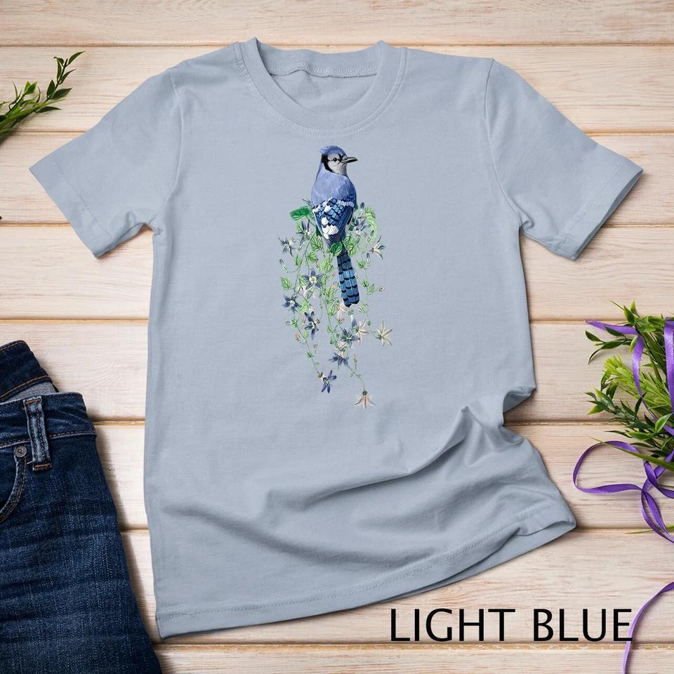 Flowers and Blue Jay Unisex T-shirt 8 S