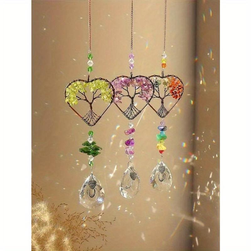 1PC Rainbow Sun Catcher, Tree Of Life Sun Catcher Heart Shaped Ornament Chakra Wheel Stone Window Ball Prism Hanging Garden Home Car Decoration
