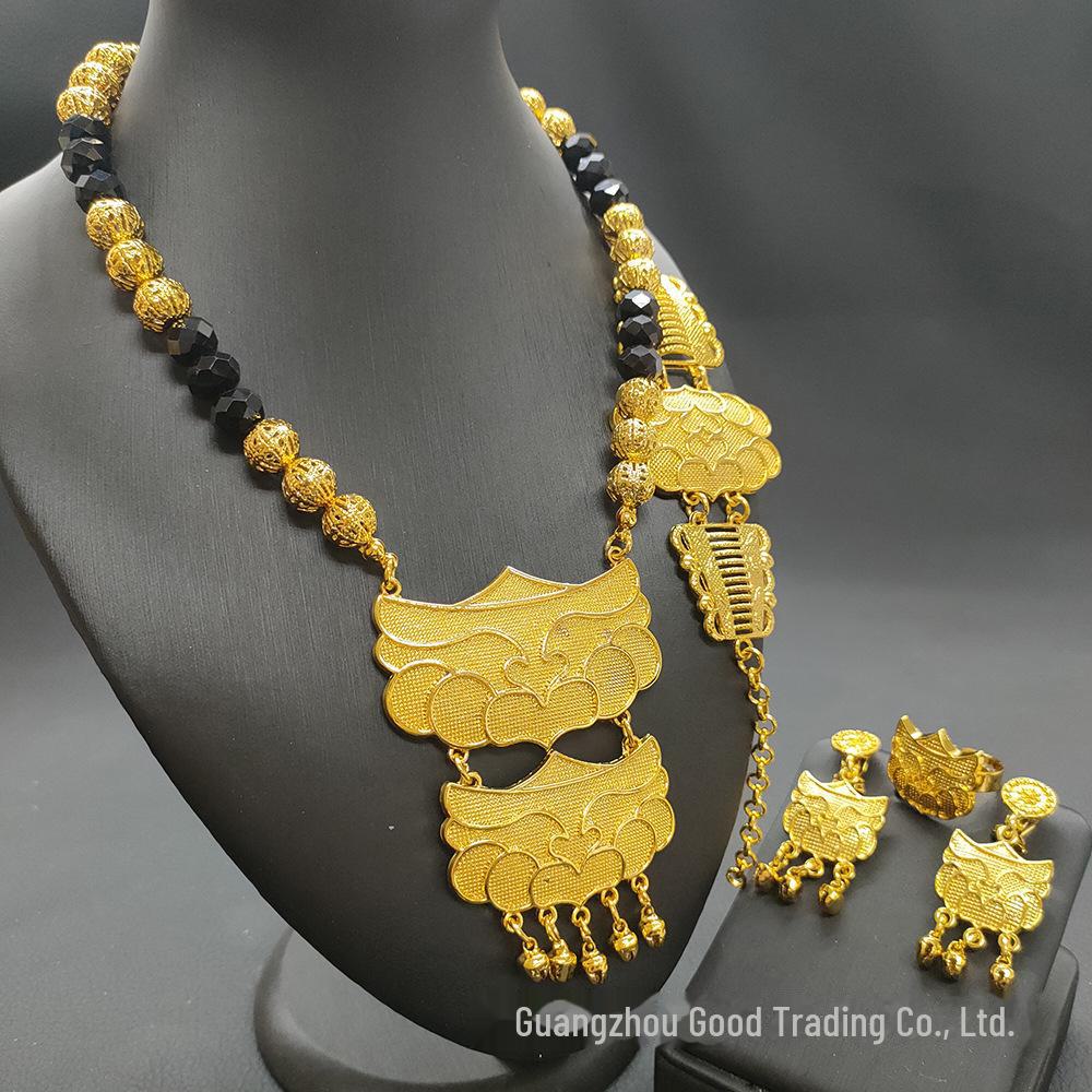 

Комплект африканских украшений Dubai Bride с позолотой 24 карата: Ожерелье, браслет, серьги и кольцо