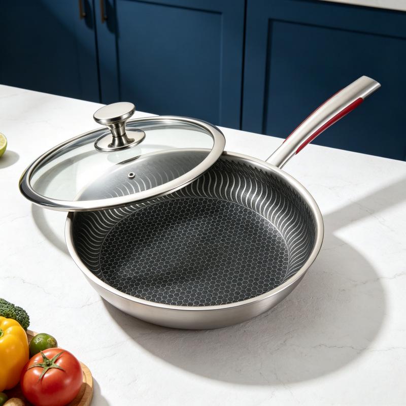 316L Stainless Steel Frying Pan for Home Use, Flat Bottom, Non-Coated, Ideal for Steak and Fried Eggs, Compatible with Induction and Gas Stoves