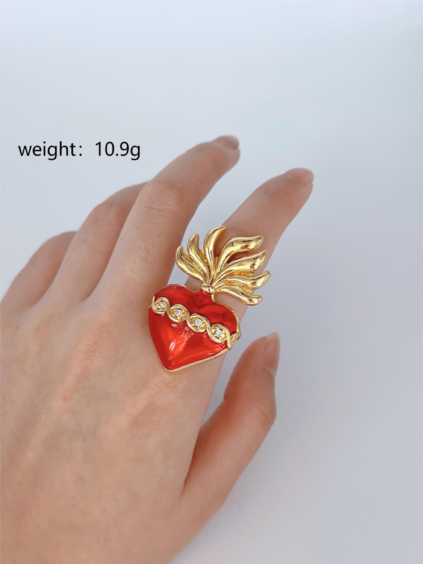 

Copper Gold-Plated Red Oil-Dripping Love Wings Ring Inlaid With Zircon Gothic Jewelry, Adjustable