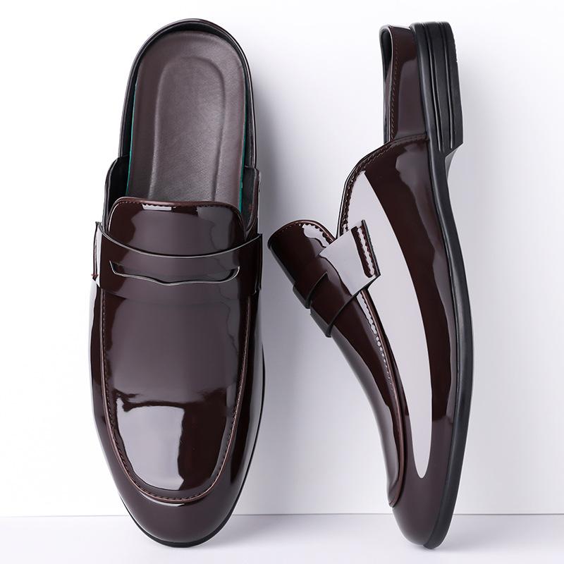 Fashion Men's Business Casual Shiny Leather Shoes Pointed Toe Formal Shoes Male 2025 Summer Autumn New Half Slippers Shoes for Man