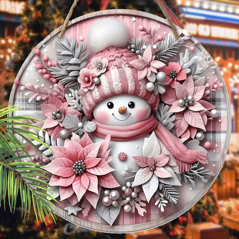 Pink Snowman Poinsettia Christmas Round Wooden Hanging Sign, 2D Flat Printed Front Door Decor, Winter Floral Xmas Wall Ornament Gift