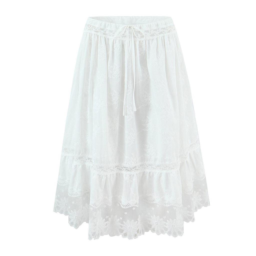 Women's Spring White Lace Cami Top & Ruffle Trim Embroidered Skirt Set